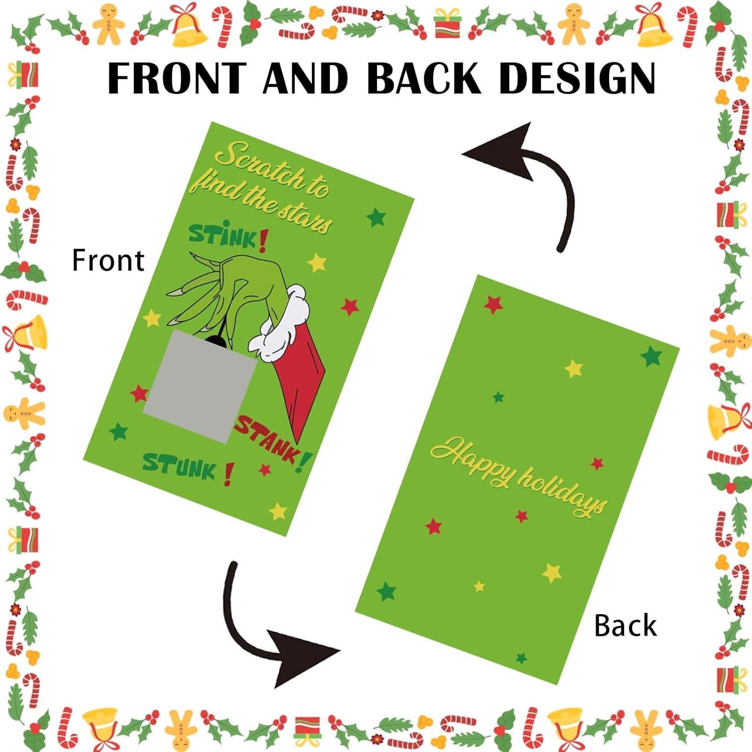 50 Pack Christmas Scratch Off Cards With Stickers For Christmas Party Game, Cartoon Green Xmas Themed Scratch Off Game Cards For Holiday Party Favors Raffle Giveaway Prize Drawing Supplies