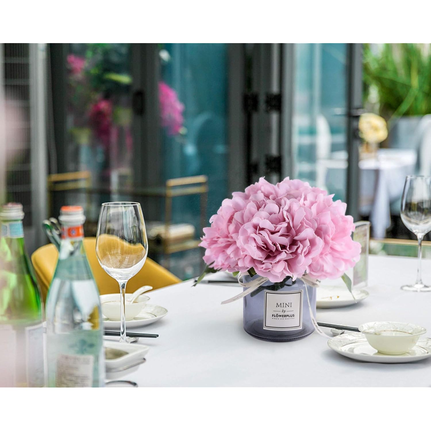 Artificial Flower And Glass Bottle Set, Isn Style, Suitable For Living Room, Dining Table, Office, Wedding, Hotel Banquet And Family Decoration. (Pink Purple)