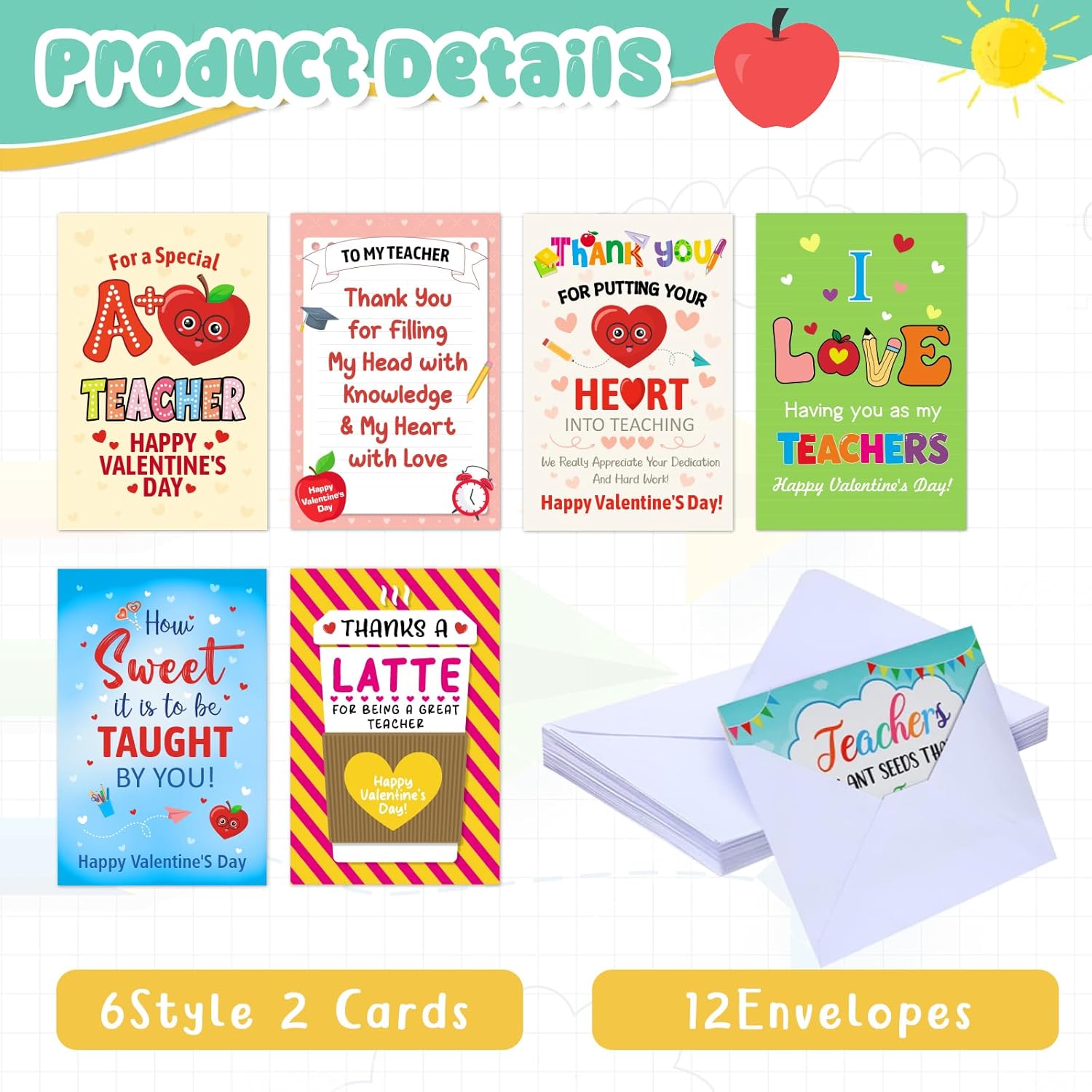 12Pcs Valentines Day Cards For Teachers Valentine’S Day Thank You Cards For Teacher Valentine Cards With Envelopes Happy Valentine’S Day Appreciation Greetin Card Gifts For Teacher