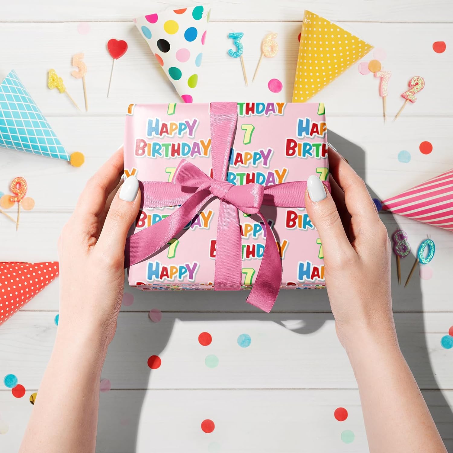 7Th Birthday Wrapping Paper Roll - Pink Happy 7Th Birthday Gift Wrap For Age7 Girls Birthday Party - Mini Roll - 17 Inches X 16.4 Feet (23.2 Sq.Ft.)