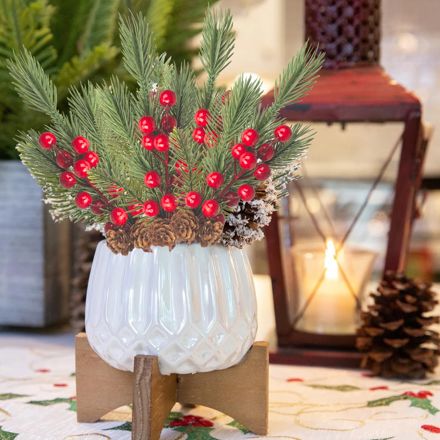 10 Pcs Artificial Pine Cone Picks And Red Berry Mini Artificial Pine Tree For Christmas Party Flower Wreaths And Holiday Decorations