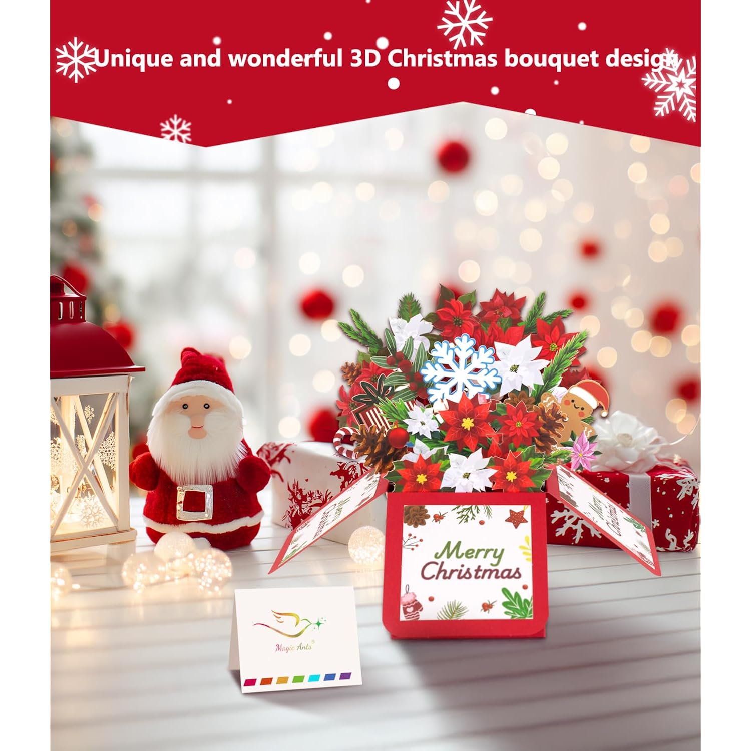 Merry Christmas 3D Pop Up Flower Bouquet Greeting Card – Holiday Card With Poinsettias, Gingerbread Man, Pinecones, Snowflakes – Boxed Design Christmas Card For Family, Friends, And Loved Ones, Includes Envelope & Blank Note Card