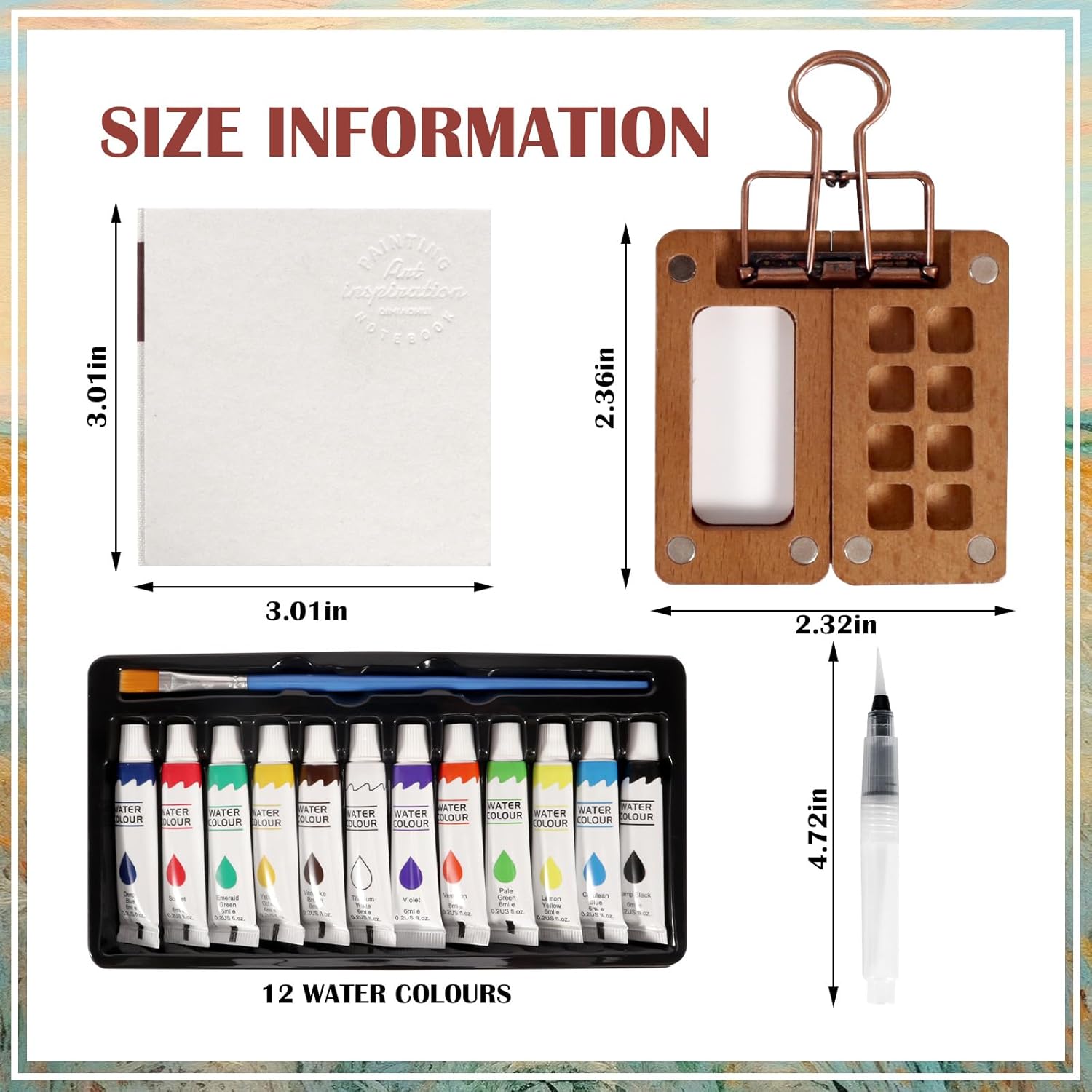 Mini Watercolor Paint Set Paint Palette Travel Kit Pocket Artist Water Color Travel Set With Colours, Binder Clips, Watercolor Pens, Wooden Paint Box For Painters Artists Students