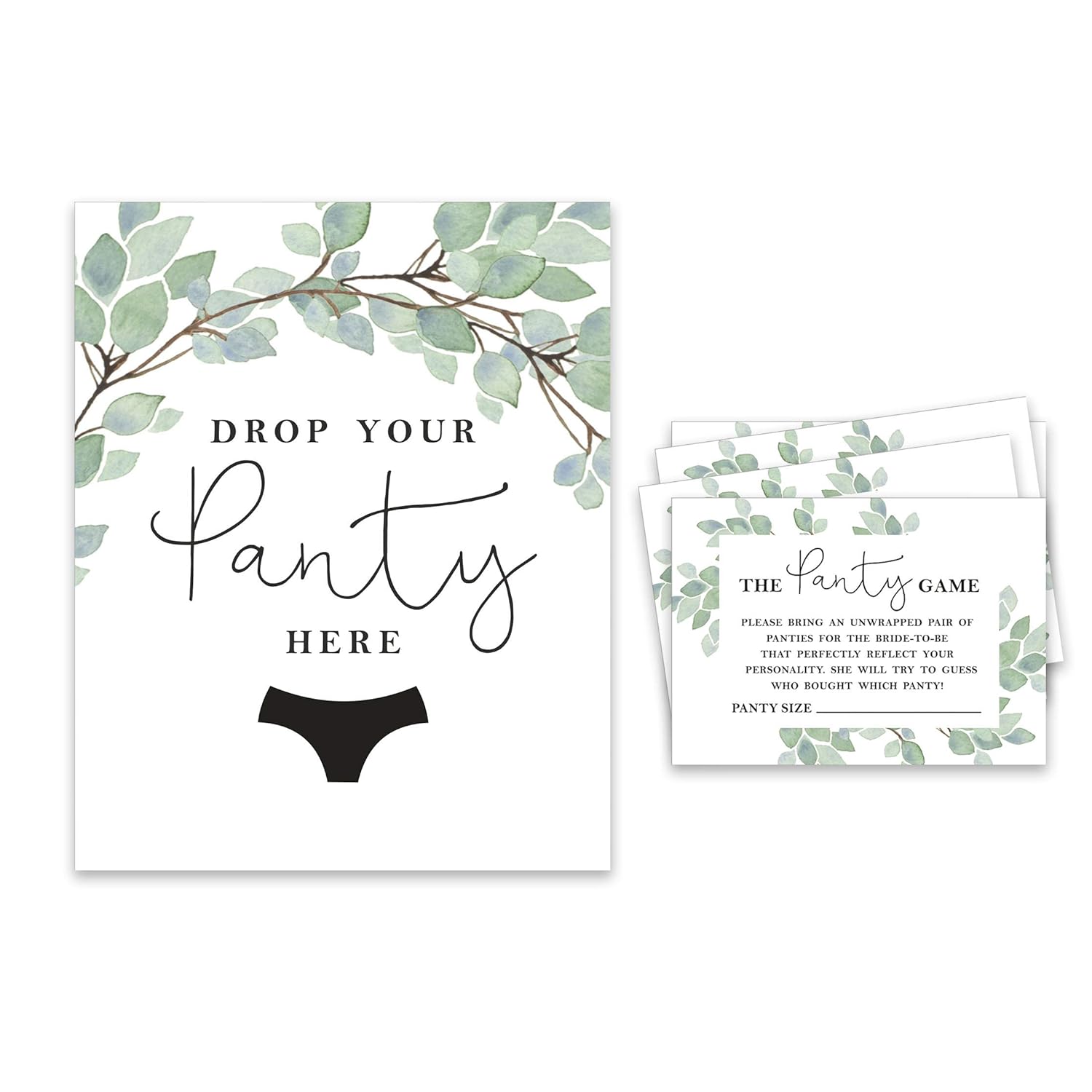 Bridal Shower Game 1 Sign + 30 Size Card White Greenery Girls Night Out Bachelorette Party Drop Your Panties Game