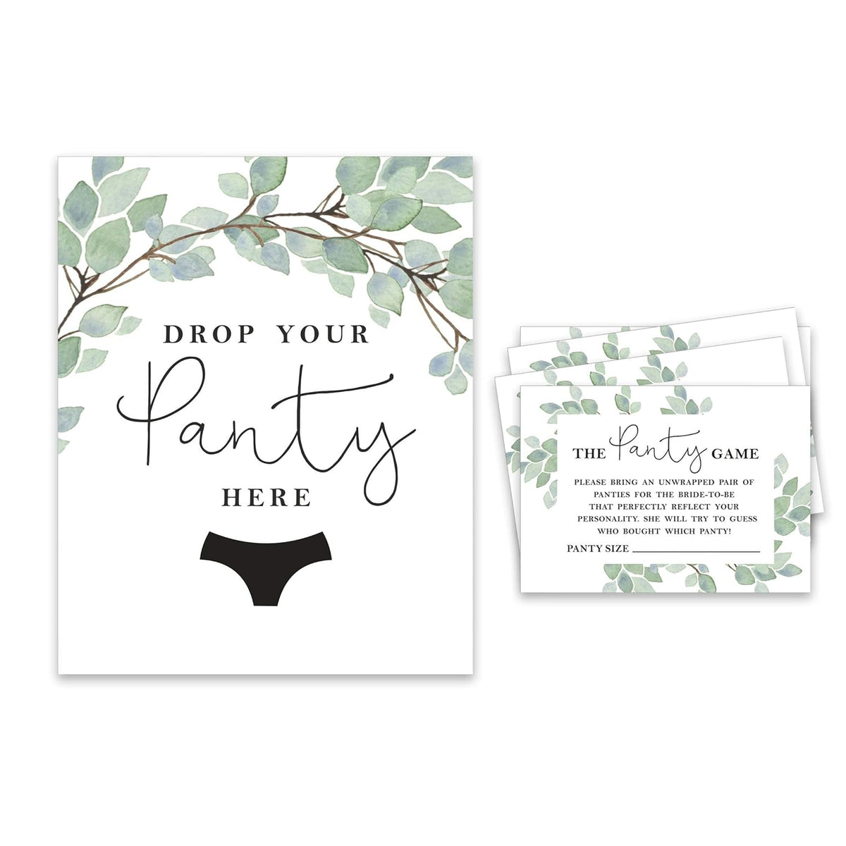 Bridal Shower Game 1 Sign + 30 Size Card White Greenery Girls Night Out Bachelorette Party Drop Your Panties Game