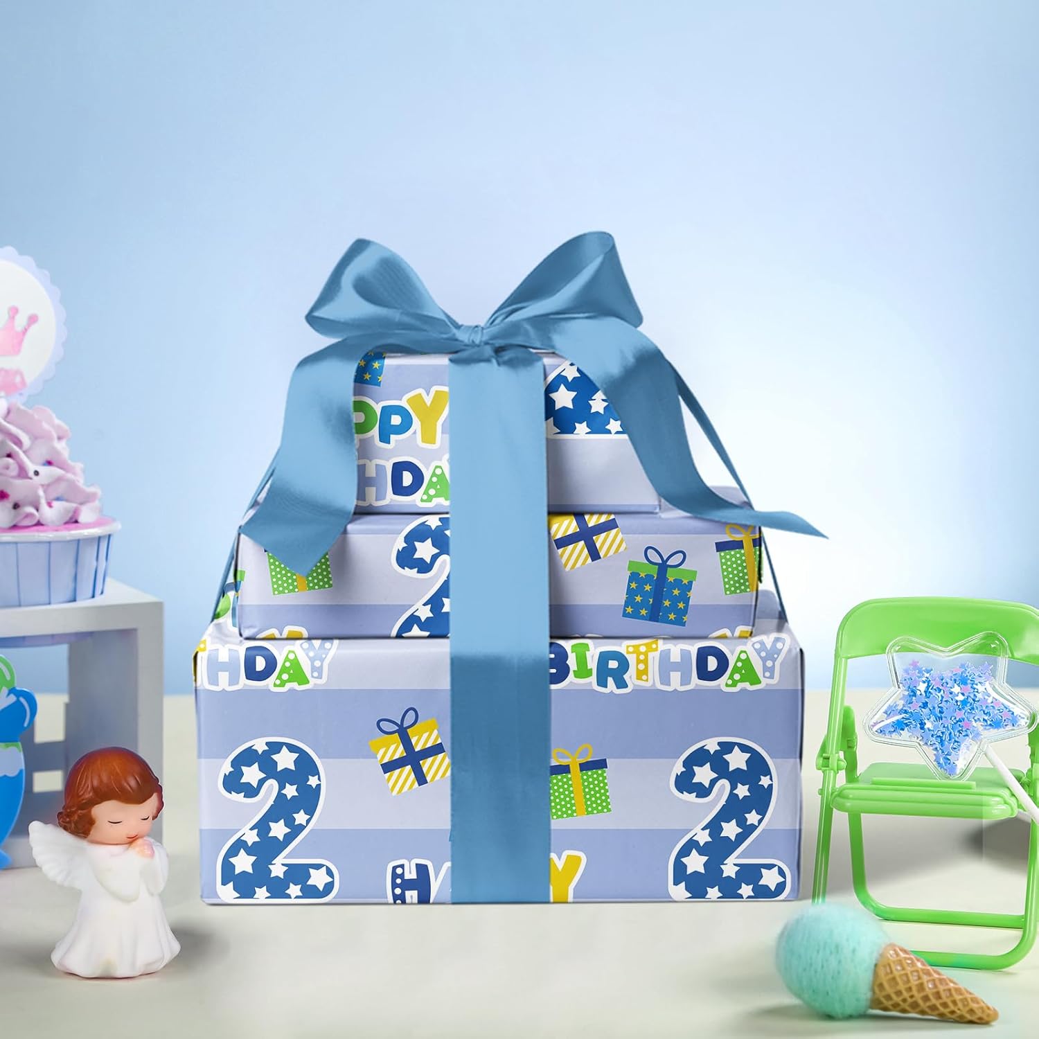 2Nd Birthday Wrapping Paper Sheet - 6 Sheets Blue Happy Birthday With Gift Box Design Folded Flat For Bday, Party, Baby Showers - 19.7 Inch X 27.5 Inch Per Sheet
