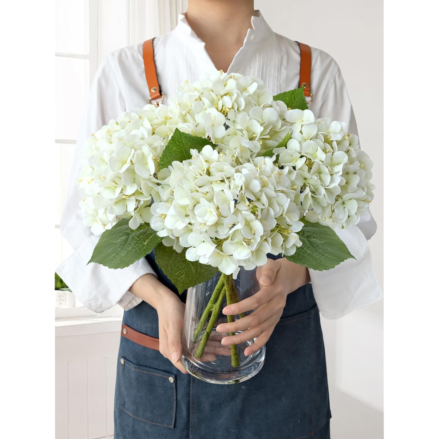 White Flowers Hydrangea Artificial Flowers, 4Pcs 20" Real Touch Lifelike Faux Silk Flowers, Full Fake Artificial Hydrangeas With Stems For Bouquet Table Centerpieces Spring Home Decoration