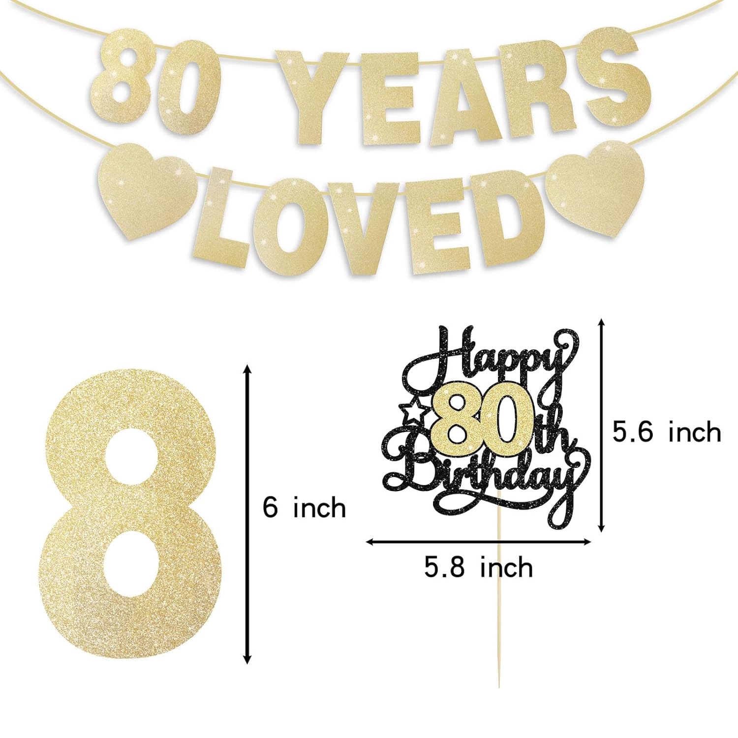 80Th Birthday Decorations For Men Women, Gold Glitter 80Th Birthday Banner With Cake Topper 80 Years Loved Banner 80 B-Day Party Decorations