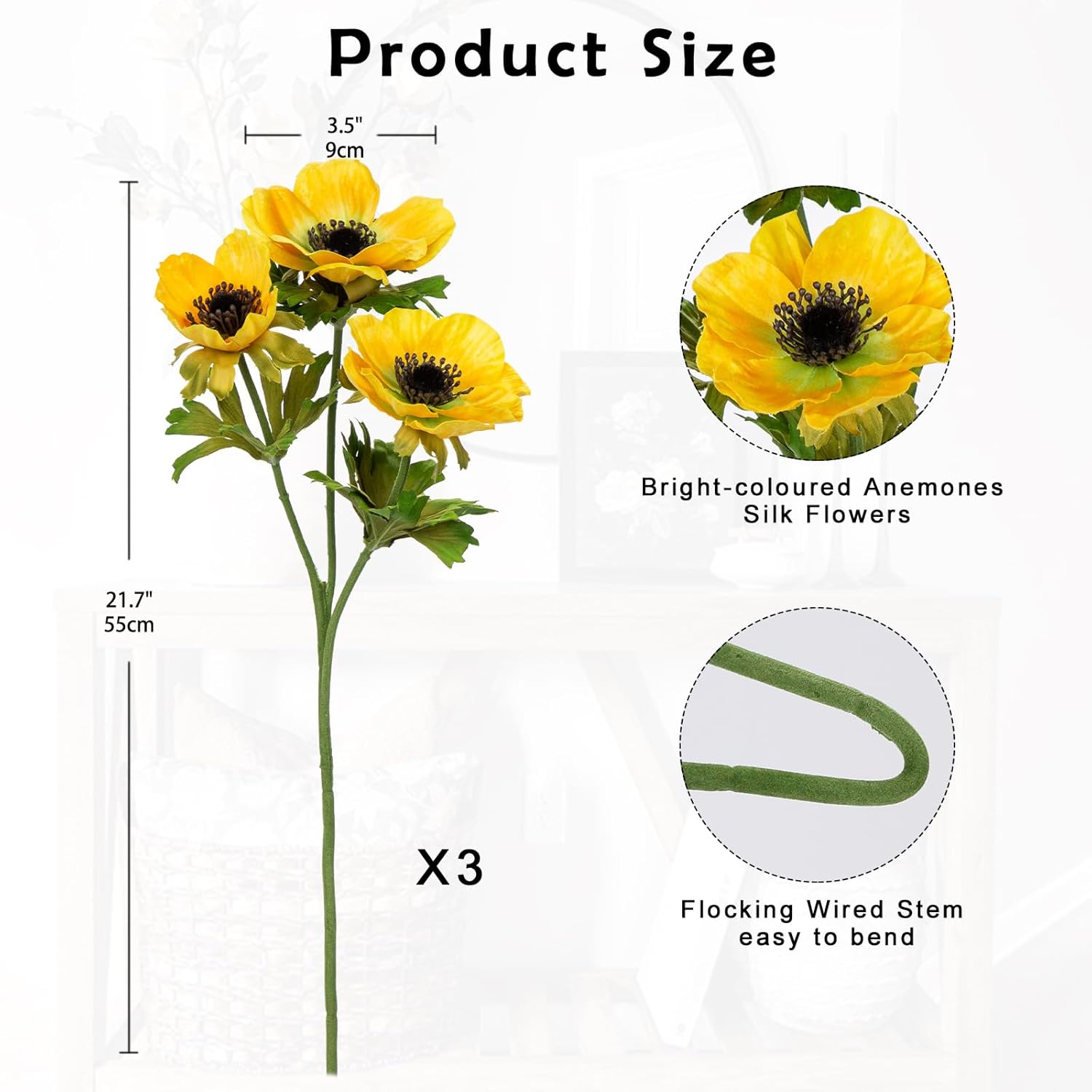 Yellow Anemone Flowers Artificial 21.7" Faux Flowers Silk Flowers With Stems Realistic Fake Flowers For Decoration Faux Anemone Artificial Flowers Bulk For Vase Centerpieces Home Wedding Bouquet