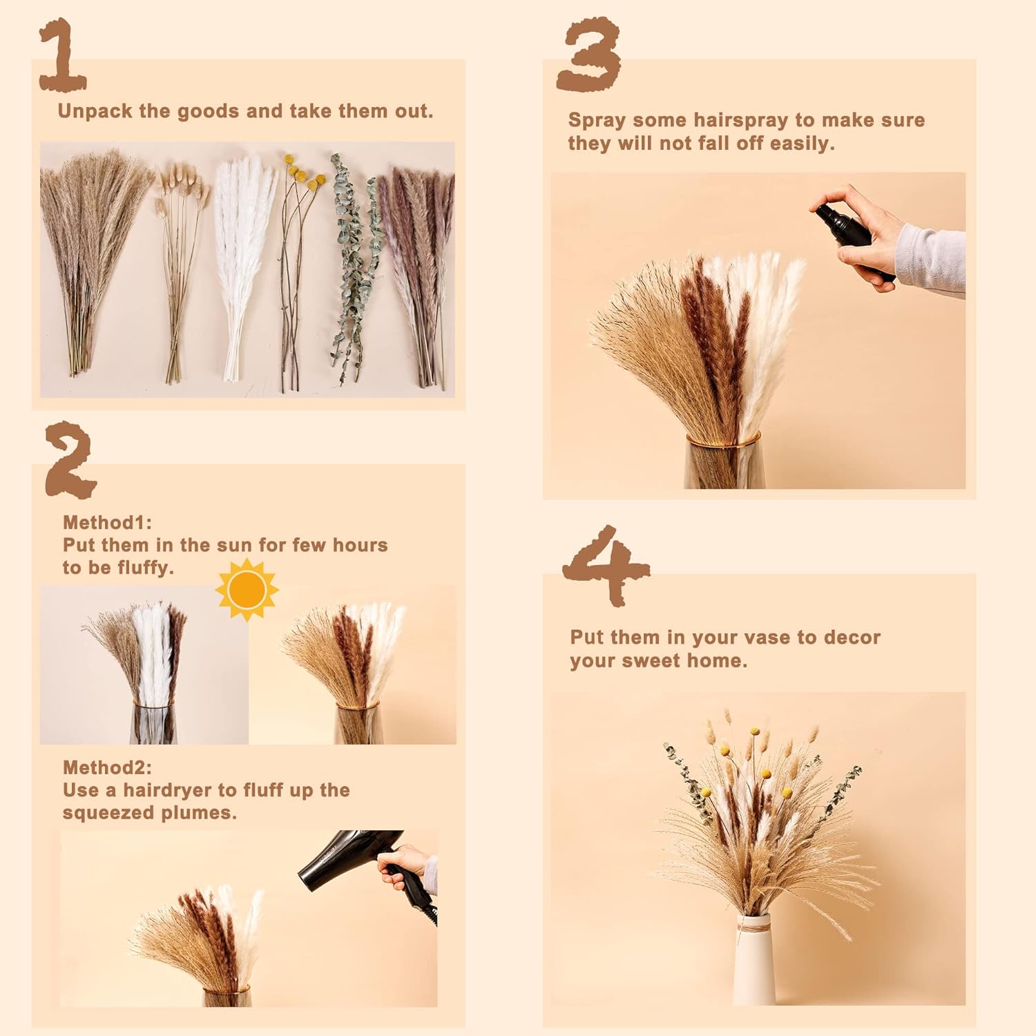 Natural Dried Pampas Grass Bouquet 78Pcs 17Inch Home Decor, White Pampas & Brown Pampas & Reed Grass & Bunny Tails Grass & Craspedia & Eucalyptus, Boho Wedding Decor Flowers Arrangement