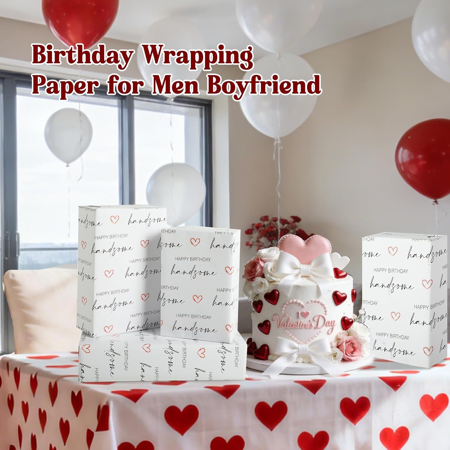 Boyfriend Birthday Wrapping Paper Roll, Handsome Boy Wrapping Paper With Red Heart Pattern For Husband Valentine'S Day Anniversary Party Holiday Father'S Day, 17 Inch X 16.4 Feet
