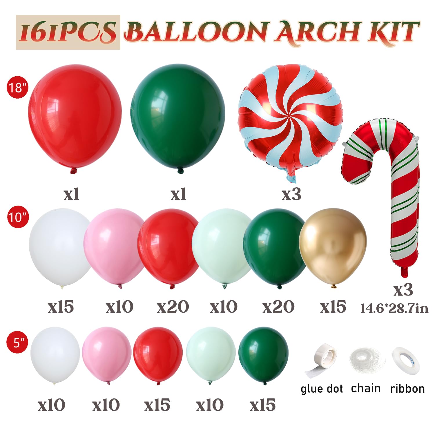 Christmas Balloon Garland Arch Kit, 161 Pcs Red Green White Pink Metallic Gold Balloons Candy Cane Foil Balloons For Xmas Christmas Party Decorations Candy Theme Birthday Baby Shower Supplies