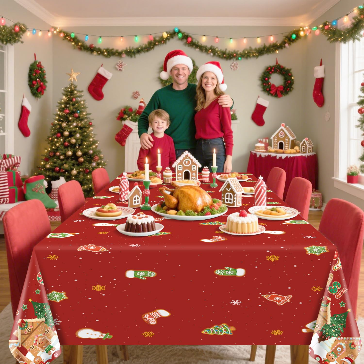 4 Pcs Christmas Tablecloth Party Decorations - Merry Christmas Santa Plastic Table Cover, Gingerbread Snowflakes Rectangular Tablecloth For Xmas Holiday Winter Party Supplies, 51 X 86.6 Inch
