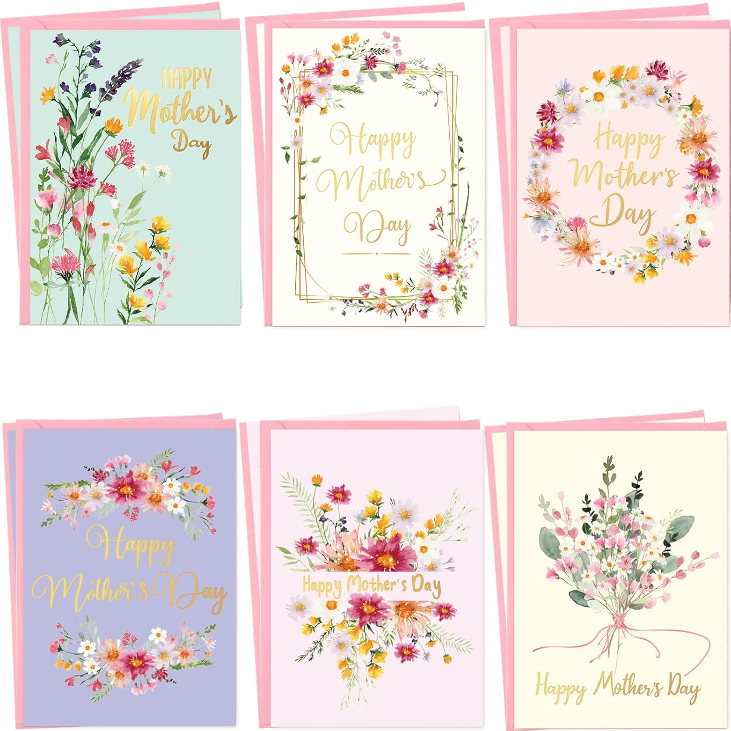 Happy Mother’S Day Greeting Cards With Envelopes 12Pcs Gold Foil Mothers Day Cards Bulk Flower Love Mom Cards Blank Inside
