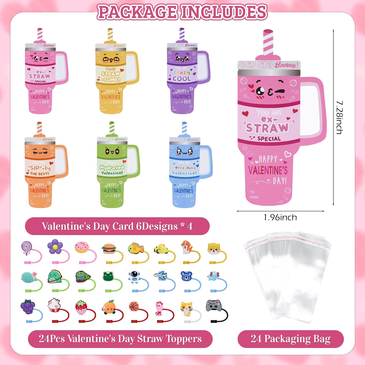 24 Pack Valentines Day Cards With Reusable Straw Covers Caps For Kids School Classroom, Cute Tumbler-Shaped Valentine Cards With Funny Word Play, Valentine Exchange Present Party Favors