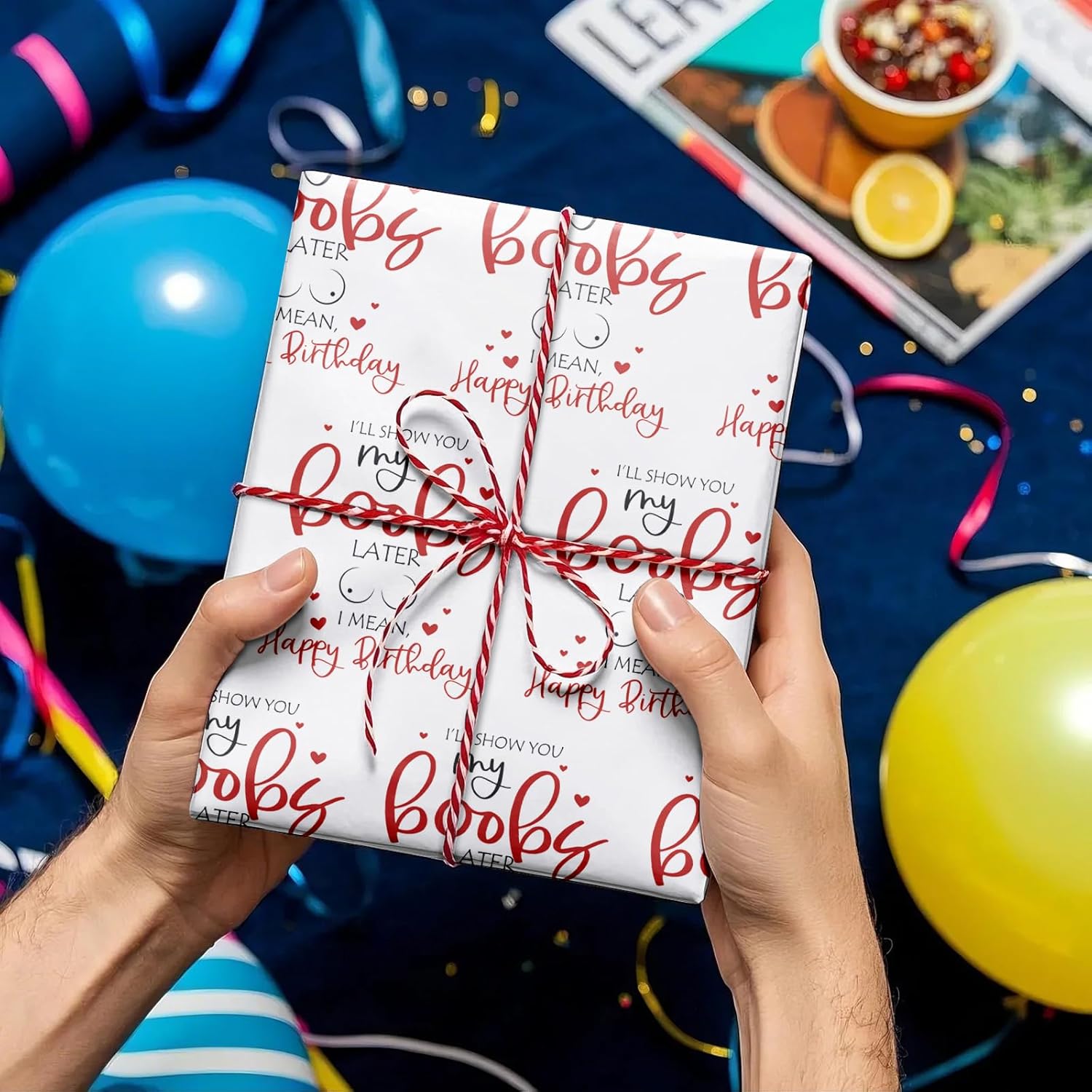Funny Birthday Wrapping Paper For Men, Husband, Him - Mini Roll - I Will Show You My Boobs Later, I Mean Happy Birthday Design For Party Gift Wrap - 17 Inches X 16.4 Feet