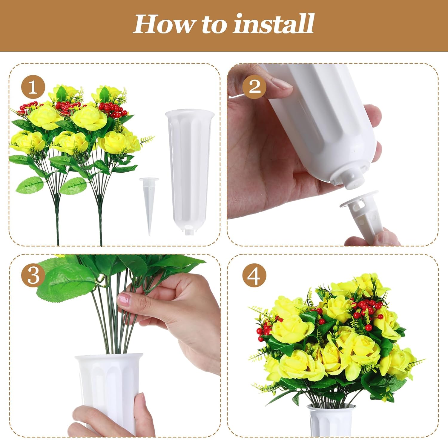 4 Sets Christmas Artificial Cemetery Flowers With Vase For Grave Silk Fall Flower Bouquet Cemetery Decoration For Outdoor Funeral Graveside Headstone Arrangement(White, Yellow)