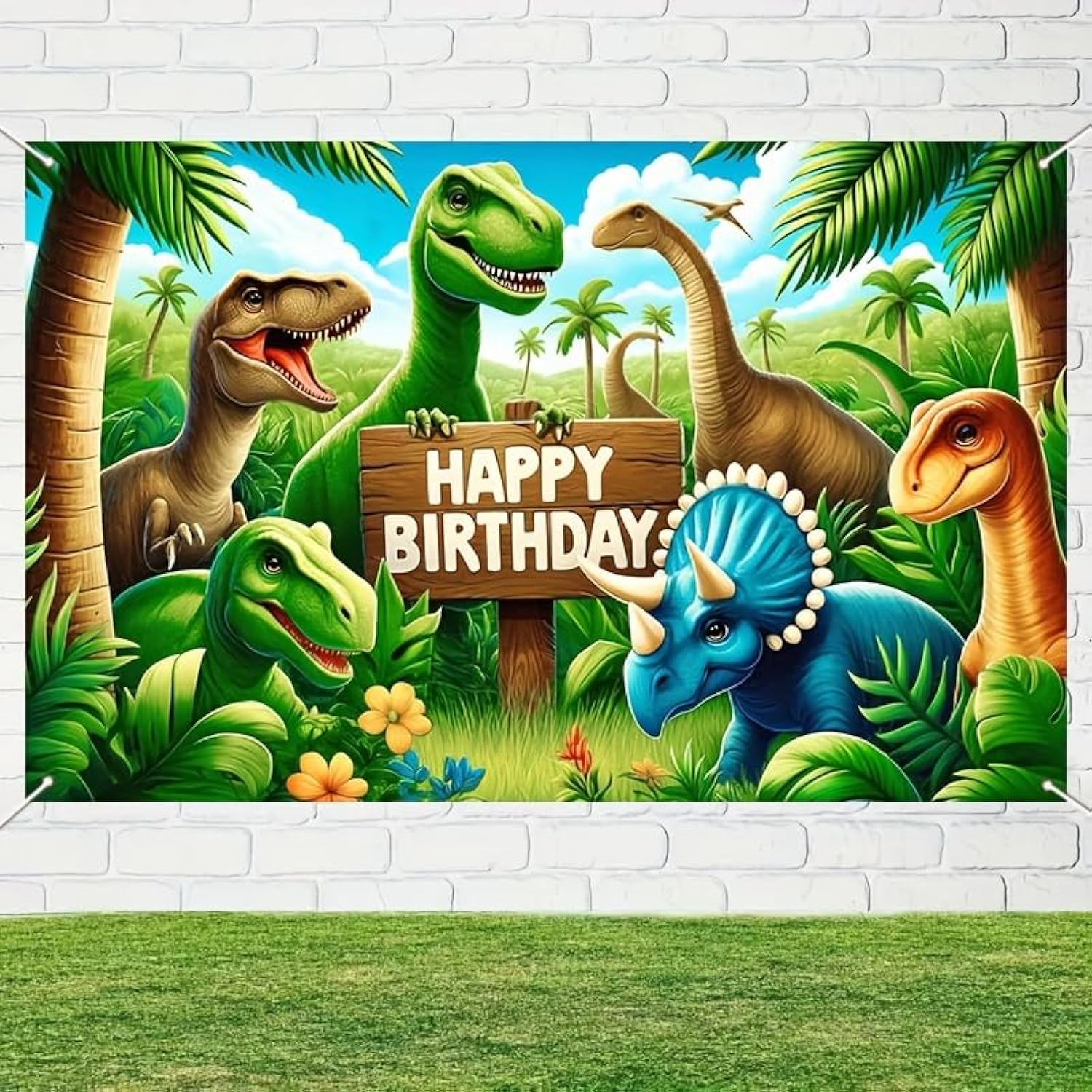 71×43" Dinosaur Jungle Birthday Banner with T-Rex & Triceratops Backdrop