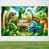 71×43" Dinosaur Jungle Birthday Banner with T-Rex & Triceratops Backdrop
