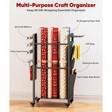 Wrapping Paper Organizer Storage With Wheels, Gift Wrap Storage Station With Ribbon And Gift Bag Storage, Rolling Craft Storage Cart With 12Pcs Slap Bands, Christmas Decor, Black