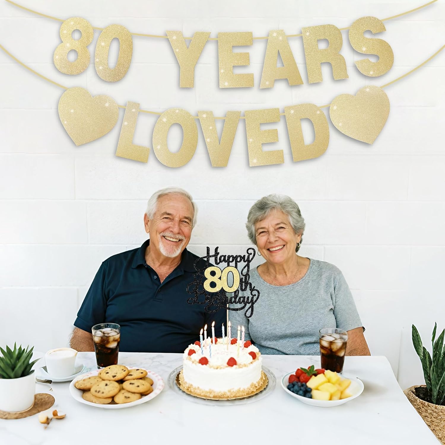 80Th Birthday Decorations For Men Women, Gold Glitter 80Th Birthday Banner With Cake Topper 80 Years Loved Banner 80 B-Day Party Decorations