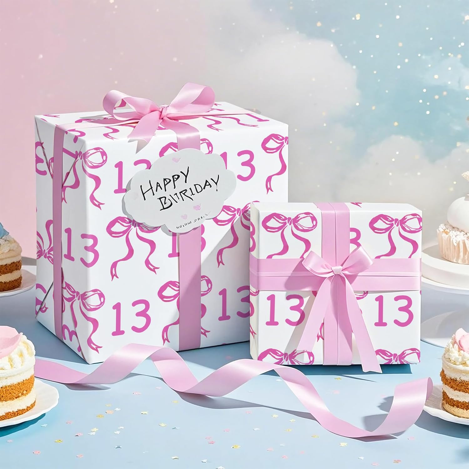 13Th Birthday Wrapping Paper Roll - Mini Roll - 17 Inch X 16.5 Feet - Pink Bow Wrapping Paper For Girls Birthday, Baby Shower, Party