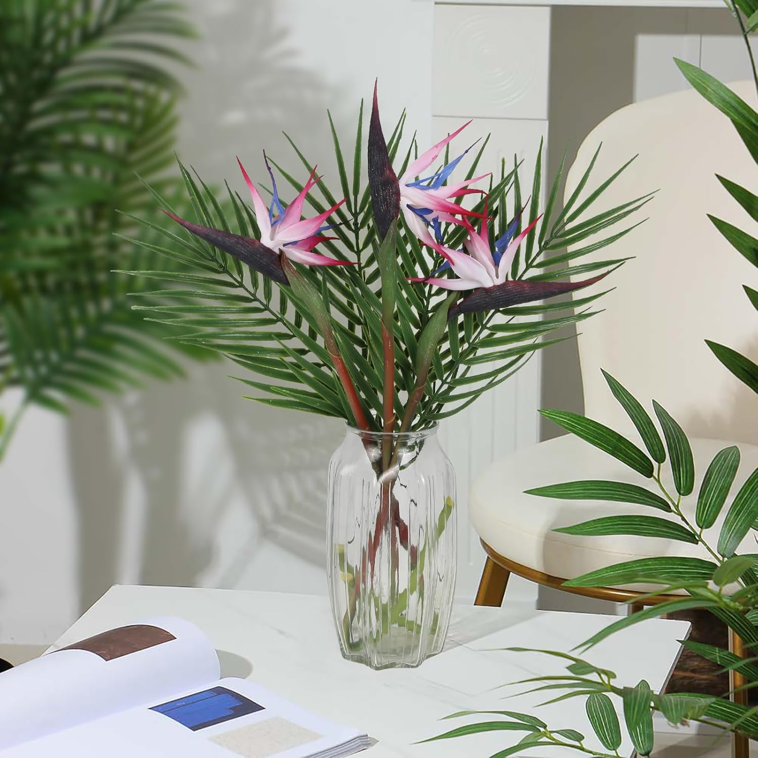 Bird Of Paradise Artificial Plant Combo Palm Leaves,Faux Bird Of Paradise Plant With Artificial Palm Leaves For Wedding Garden Office Home Indoor And Outdoor Decor(Pink)