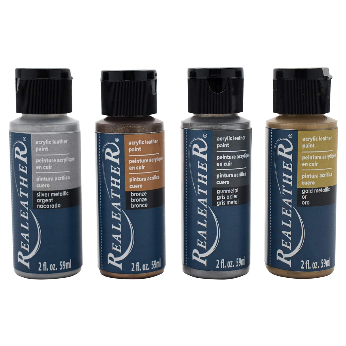 Realeather F2604-02 Acrylic Leather Paint Set, Full Coverage, Waterproof Paint 2 Fl. Oz. Metallic Colors, Gold, Bronze, Silver, Gunmetal, 4-Pack