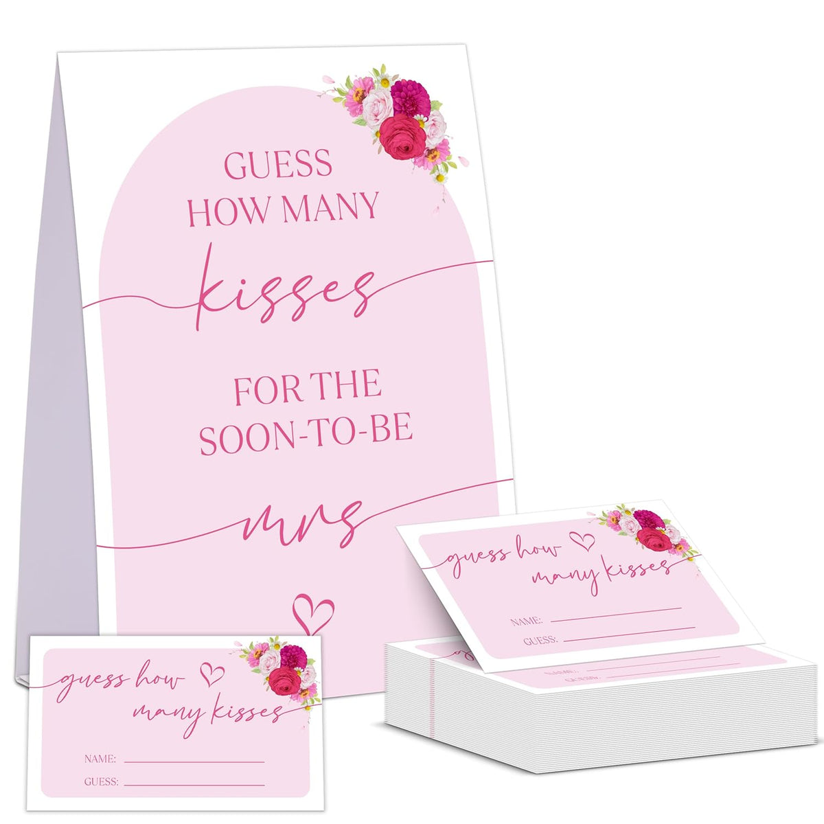 Pink Floral Bridal Shower Game, Guess How Many Kisses For The Soon To Be Mrs, Pack Of 1 Sign And 50 Guessing Cards, Modern Bridal Shower Decorations, Wedding Shower Supplies - 01