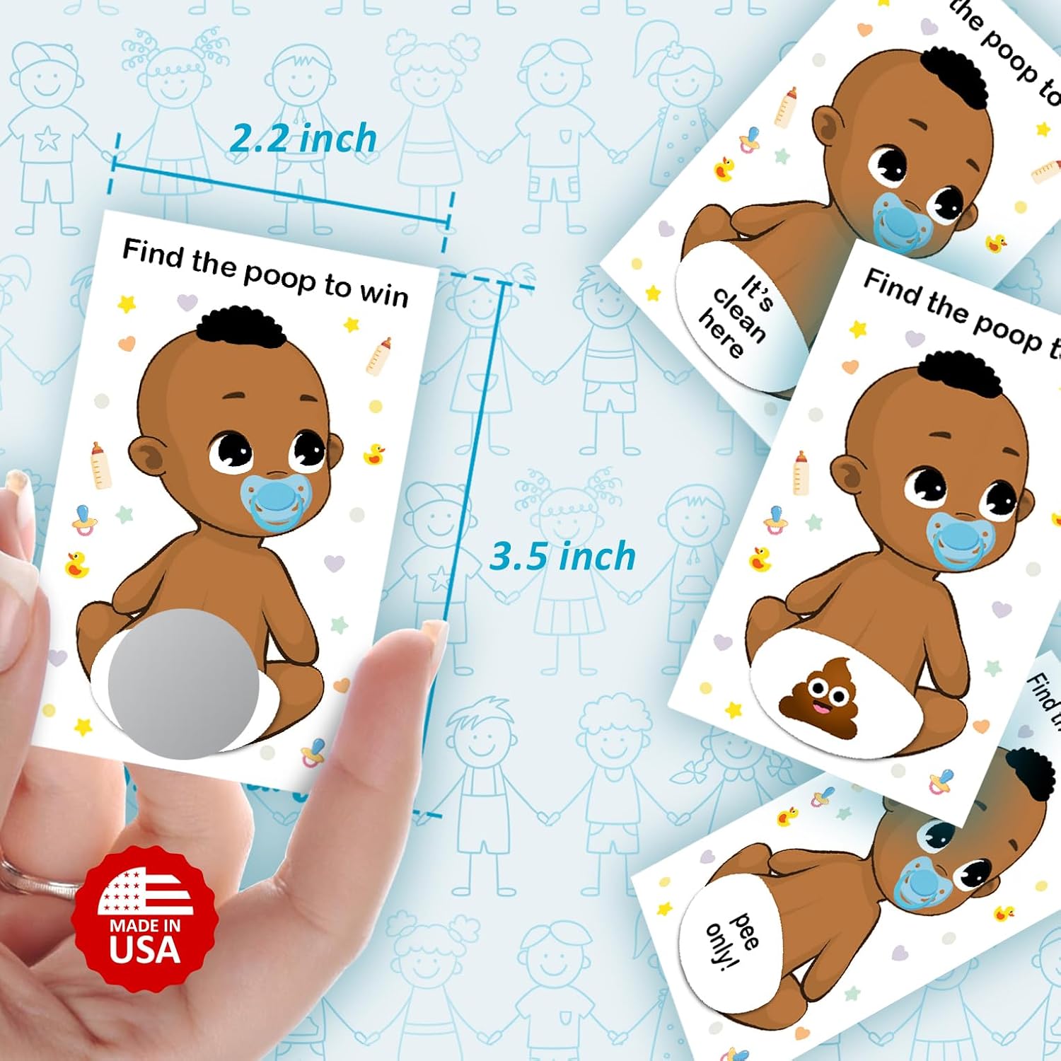 Baby Shower Boy Scratch Off Poop Game, Easy To Play Silly Games, Funny Idea, Ice Breaker Activity. Raffle Cards, Blue Pacifier, African American, Set Of 40 Cards Made In Usa