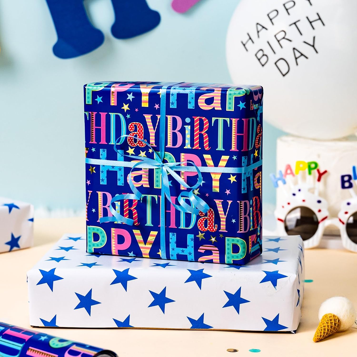 Blue Birthday Wrapping Paper Roll - Colorful Happy Birthday Letters With Metallic Foil Shine & Stars Reversible Gift Wrap For Boys Baby Shower, Party - Mini Roll - 17 Inch X 16.5 Feet