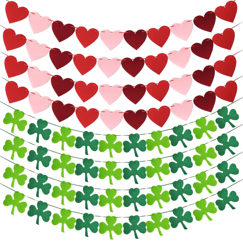 8 Pack Felt Heart Valentines Banner St. Patricks Garland,Shamrock Clov