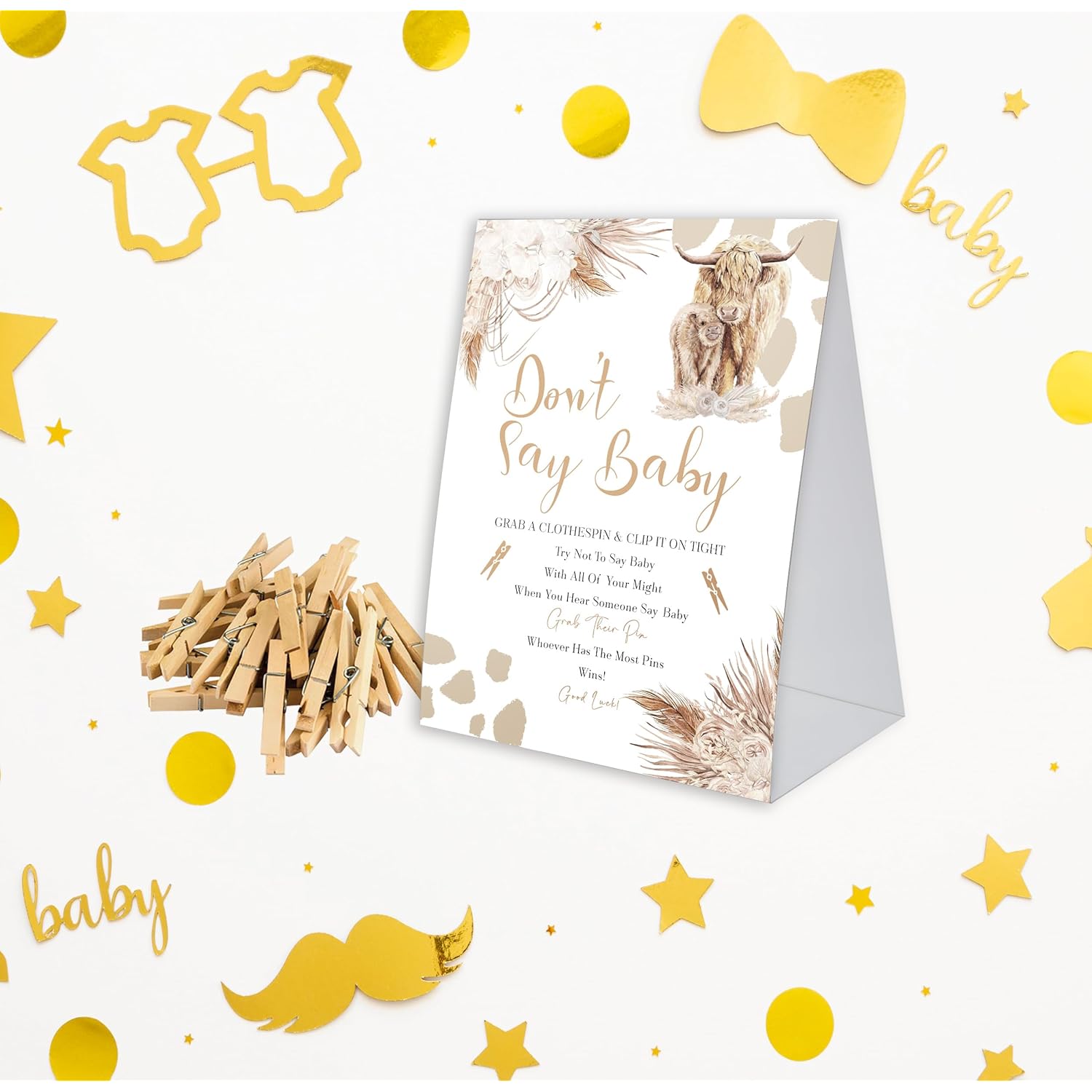 Don'T Say Baby Game For Baby Shower, 50 Wooden Clothespins And One Sign, Boho Cow Theme, Pins For Baby Shower Decorations, Boy Baby Shower, Baby Shower Supplies-Bb29