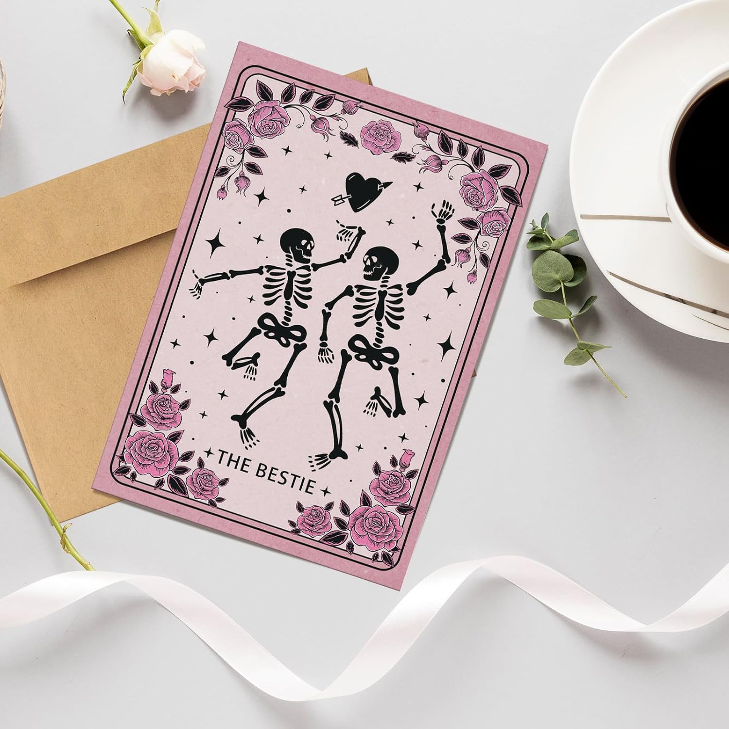 Spooky Skeleton Bestie Birthday Card, Halloween Birthday Card For Bestie Bff, Tarot Themed Friendship Cards For Women Friends, Gothic Galentine'S Day Cards Gift