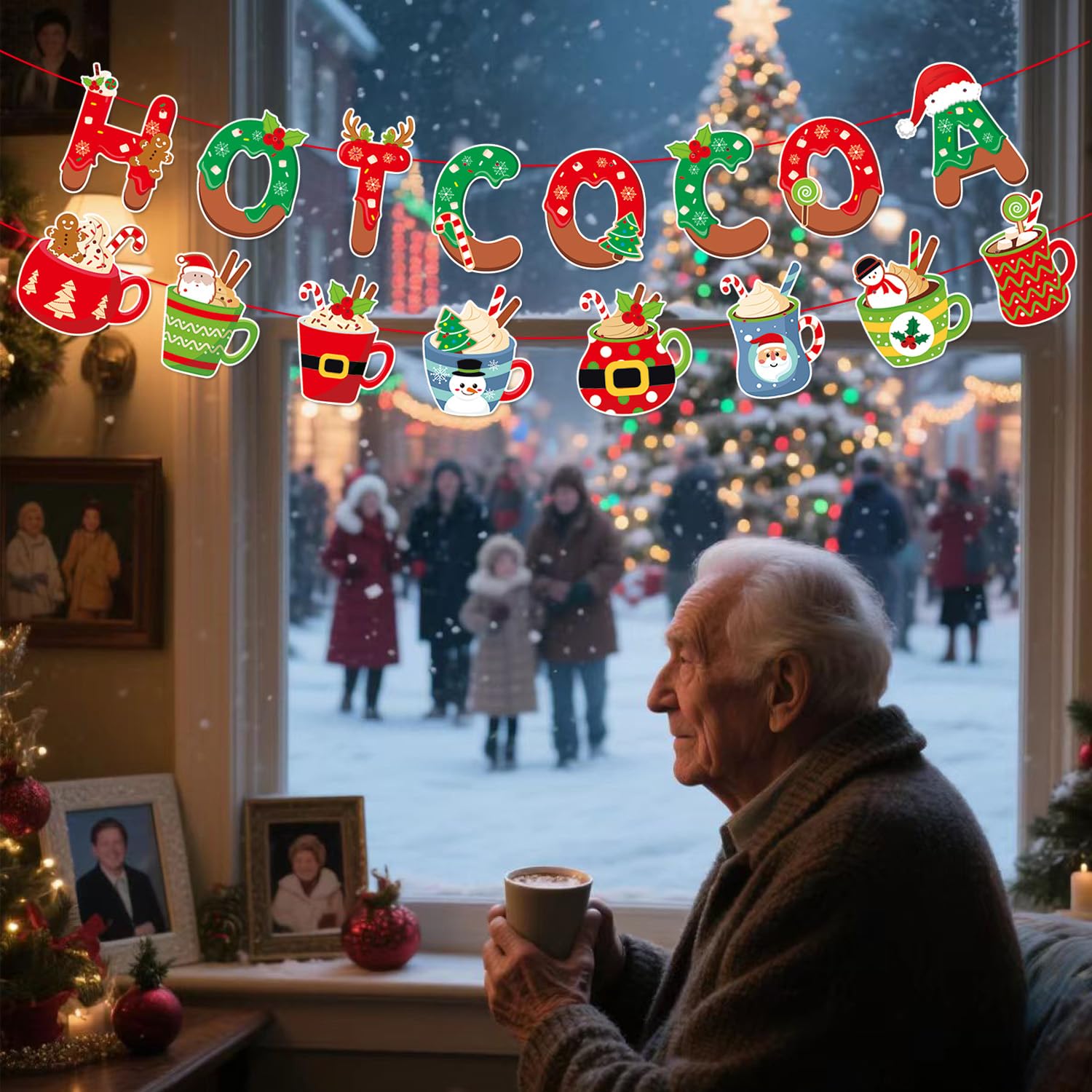 Pre-Assembled Christmas Hot Cocoa Banner,Hot Cocoa Cups Garland,Gingerbread Hot Chocolate Bar Supplies For Baby Shower Winter Holiday New Year Party Decor,Snowflake Holiday Party Winter Wedding Sign