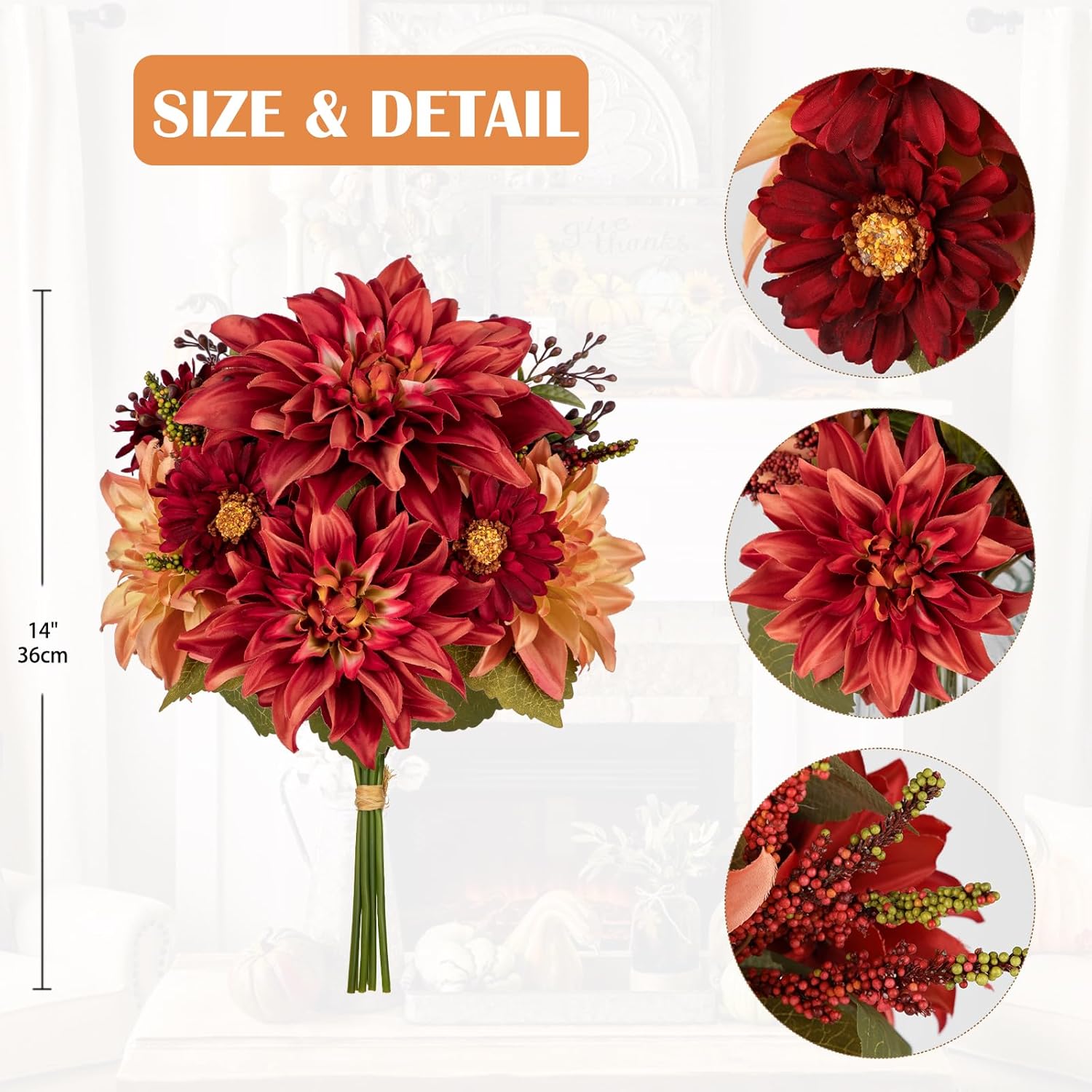 Fall Flowers Artificial Bouquet For Decoration, Fake Silk Flowers Arrangements With Dahlia & Mums Mixed Autumn Floral Stems For Home Room Fall Table Centerpiece Wedding Party Decor(Burgundy)