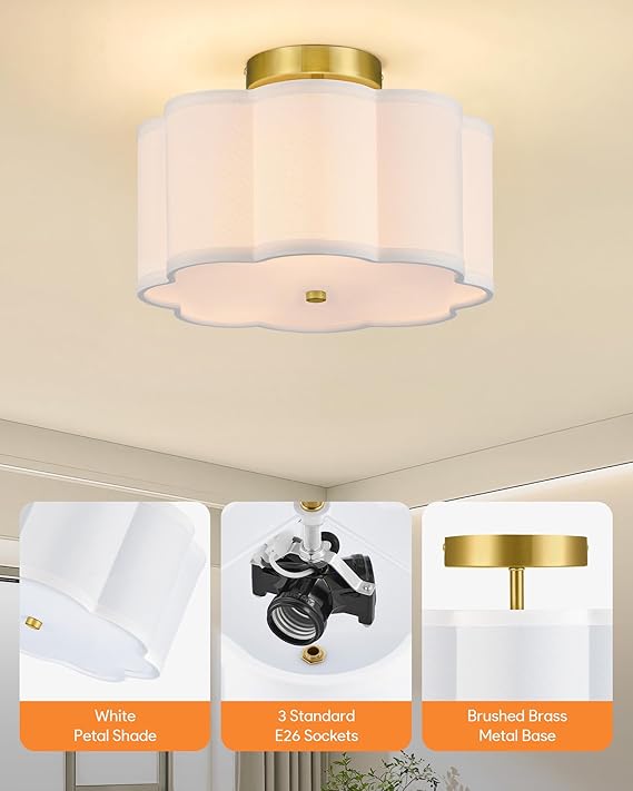 12.6 Inch Gold Semi Flush Mount Ceiling Light 3 Light Flower Fabric Shade Fixture