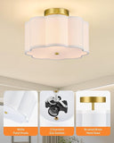 12.6 Inch Gold Semi Flush Mount Ceiling Light 3 Light Flower Fabric Shade Fixture