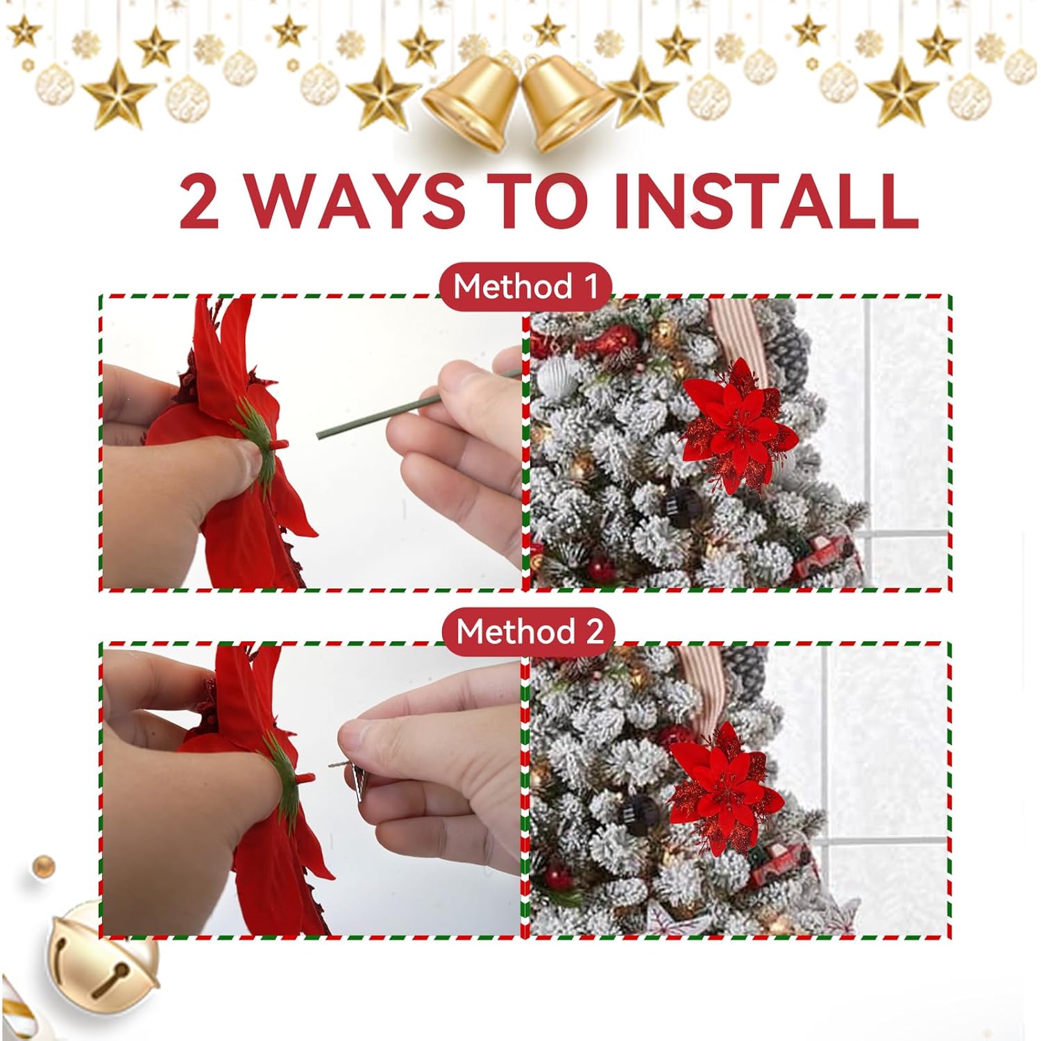 10Pcs Red Poinsettia Flowers Artificial With Clips Christmas Flowers Decoration Red Glitter Poinsettia Christmas Ornaments 5.5’’ For Xmas Home Tree Wreaths Door Frame Decor