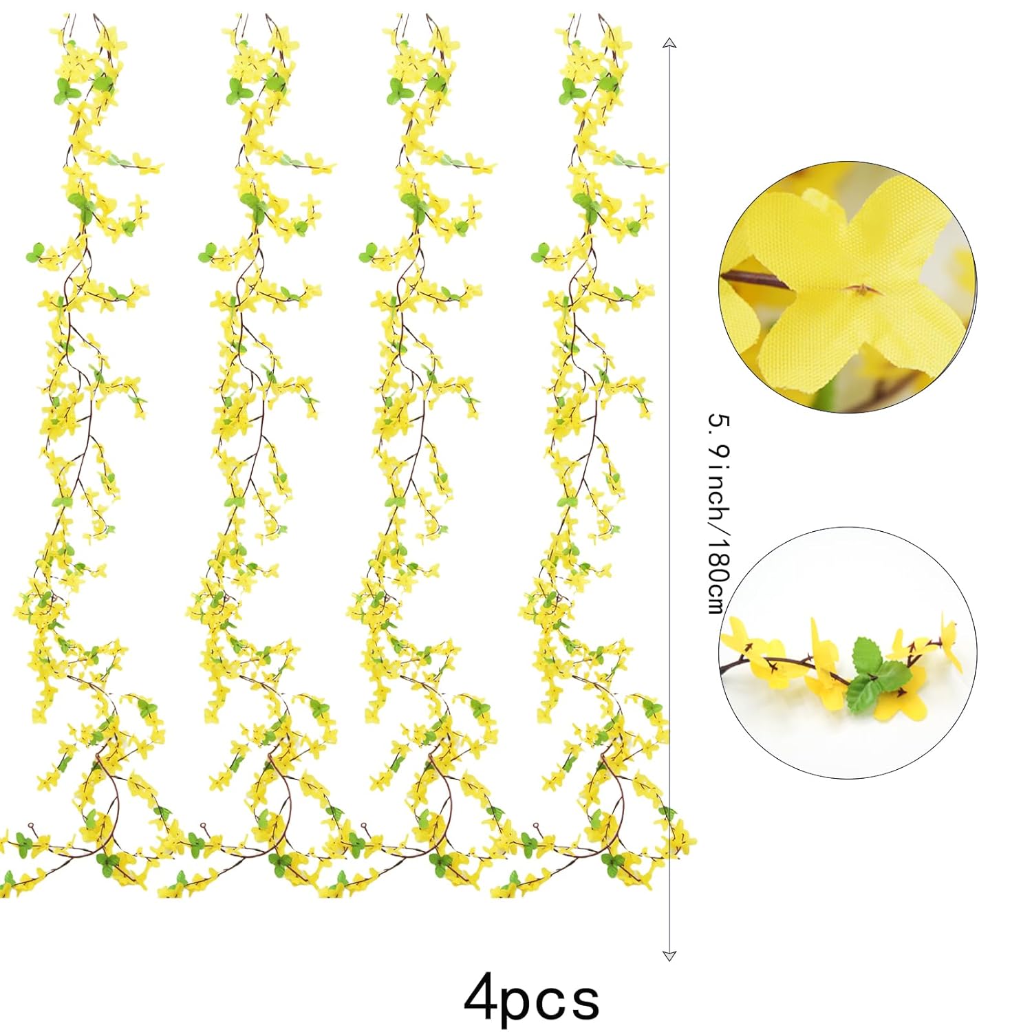 4Pcs Artificial Flowers Vine Spring Yellow Silk Flowers Garland Artificial Jasmine Vines For Decoration Fake Flower Vine Hanging Ivy For Home Indoor Outdoor Wall Party Wedding Arch