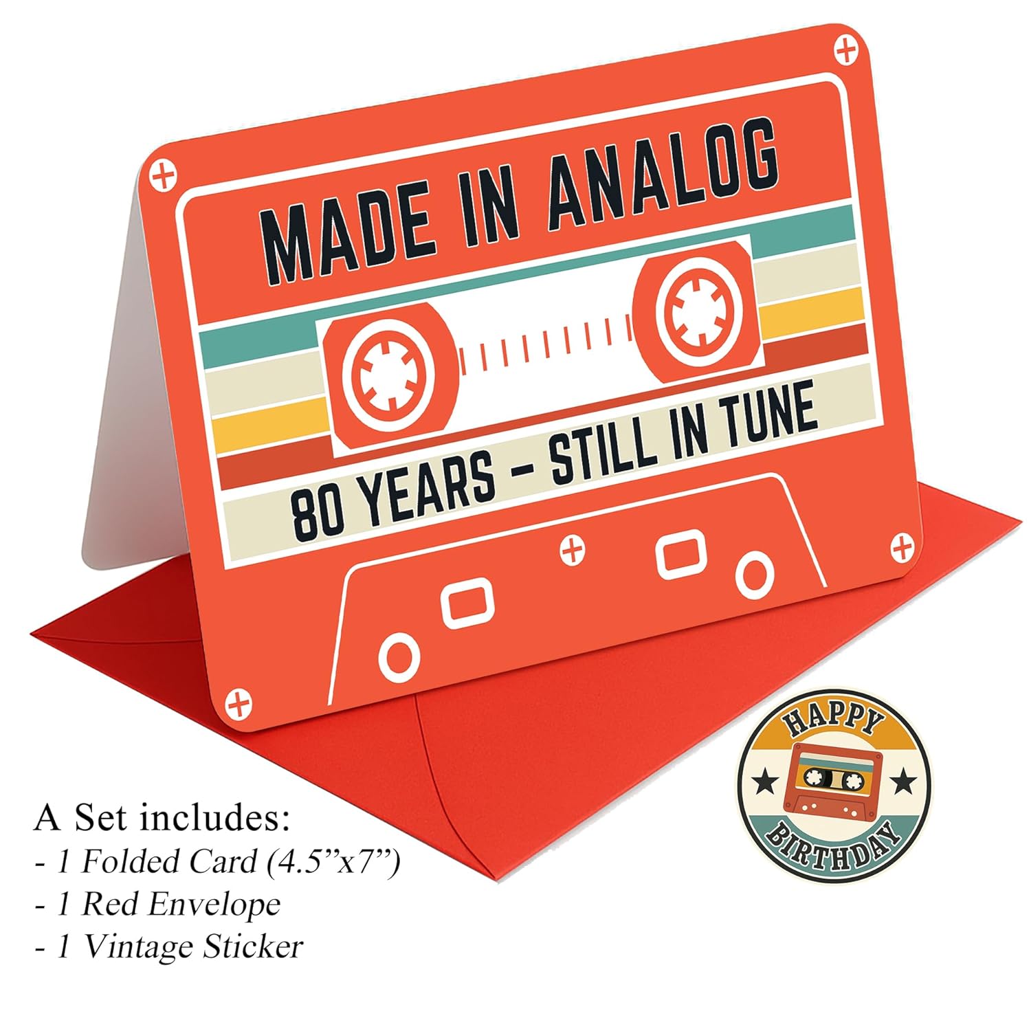 80Th Birthday Card – Retro Cassette Tape Design – Made In Analog, Still In Tune – 80 Year Old Gifts For Him Or Her – Folded Card 4.5X7Inch With Red Envelope, Sticker - Sweet Decorations For Him, Her