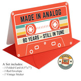 80Th Birthday Card – Retro Cassette Tape Design – Made In Analog, Still In Tune – 80 Year Old Gifts For Him Or Her – Folded Card 4.5X7Inch With Red Envelope, Sticker - Sweet Decorations For Him, Her