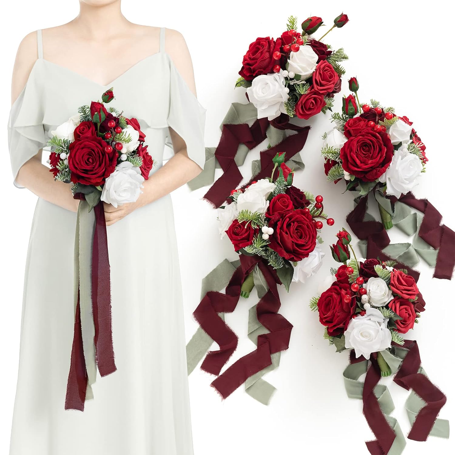 Artificial Bridesmaid Bouquets Set Of 4,Red Wedding Flower Bouquets Floral Bouquet Christmas Bridal Bouquets With Ribbon,Ceremony,Anniversary,7-Inch Diameter