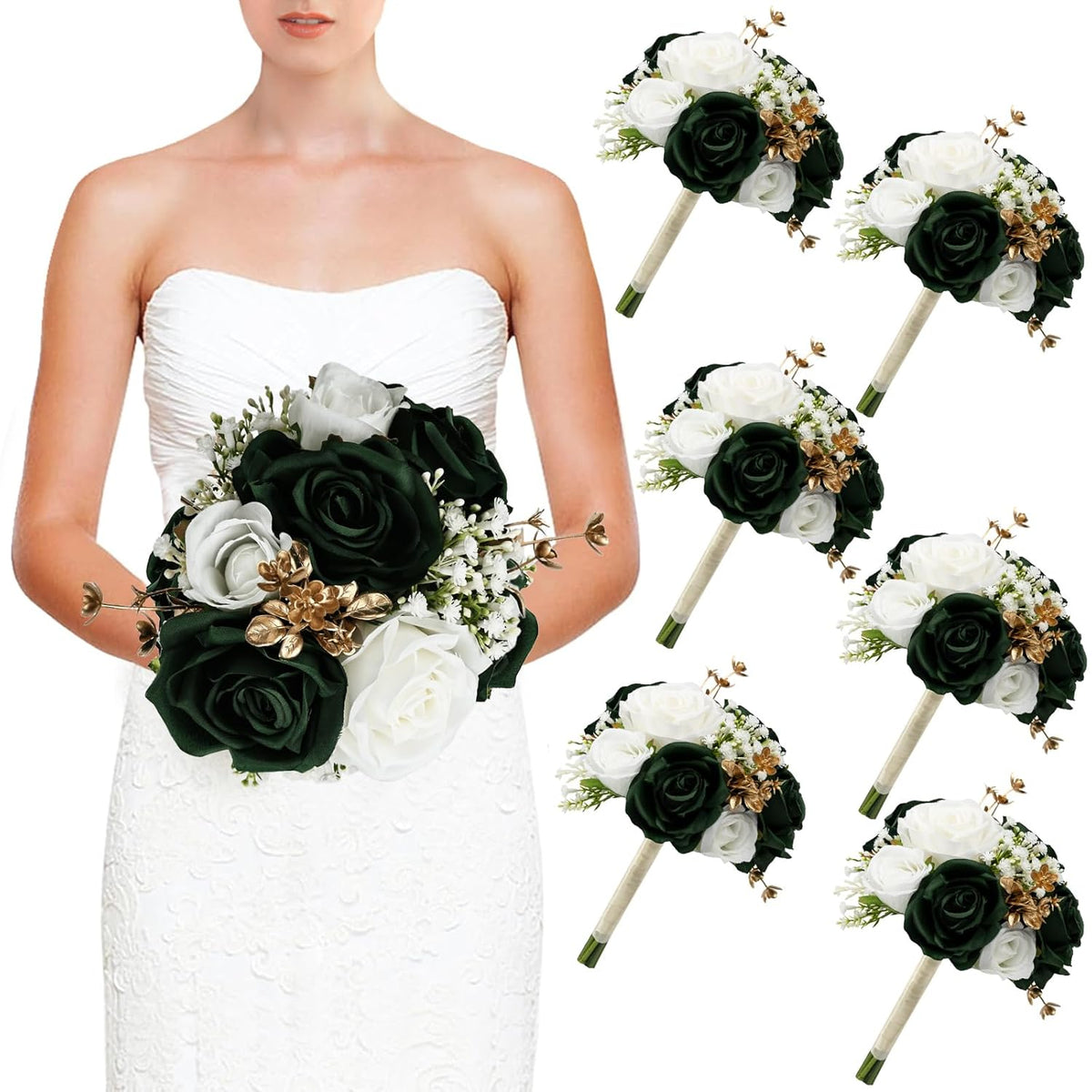 Wedding Bridesmaid Bouquets Set Of 6, Artificial Silk Flowers Arrangement For Ceremony Marriage Proposal Party Anniversary Decorations - Emerald Green & Gold & White