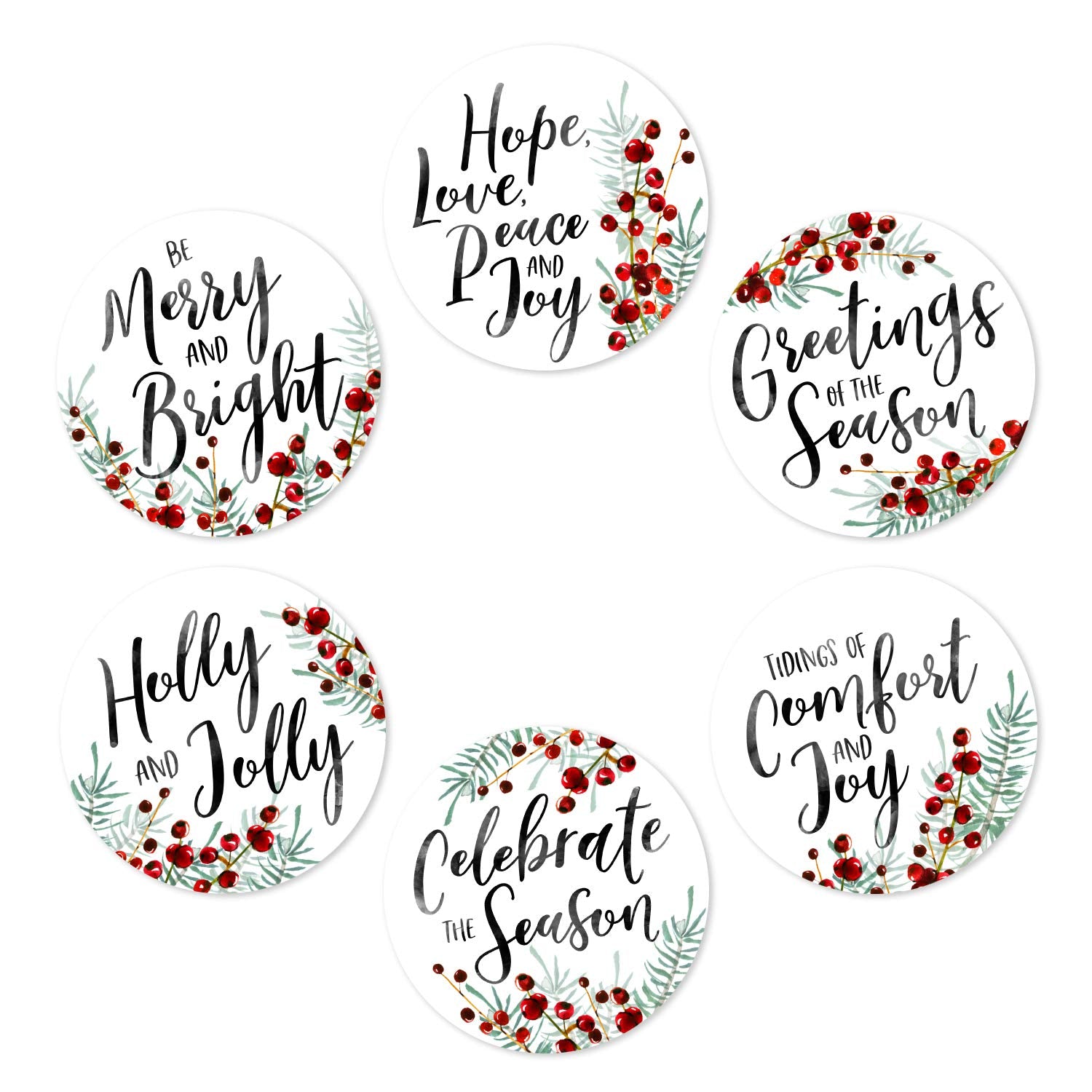 Holly Berry Holiday Stickers / 500 Greenery Greeting Card Envelope Seals / 6 Alternating Watercolor Christmas Sticker Designs / 1.5" Rustic Christmas Labels