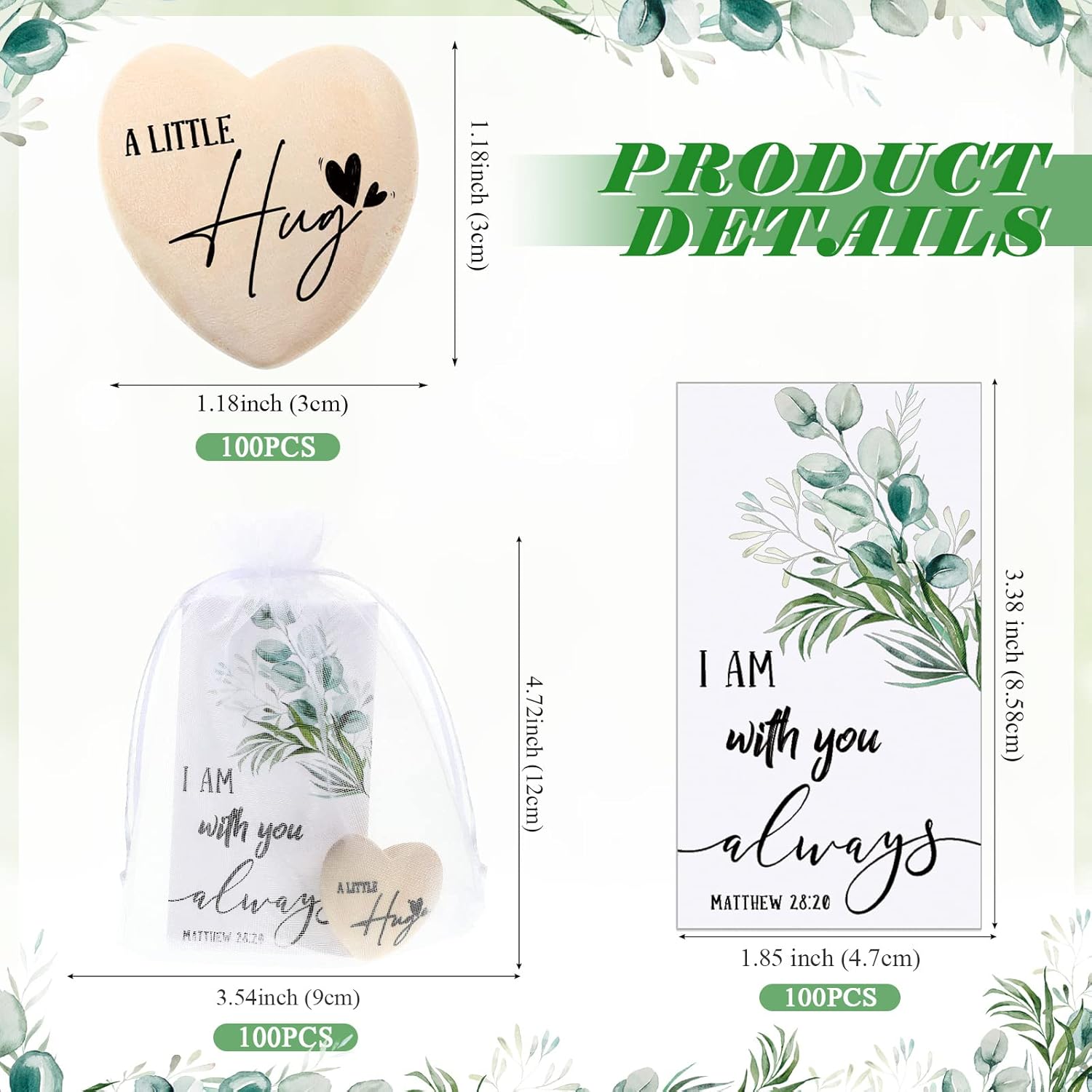 100 Sets Valentine'S Day Gifts Wooden Heart Pocket Hug Token With Bible Hug Card Organza Bag Bulk Student Pocket Reminder Keepsake Heart Charm For Family Friend Colleagues