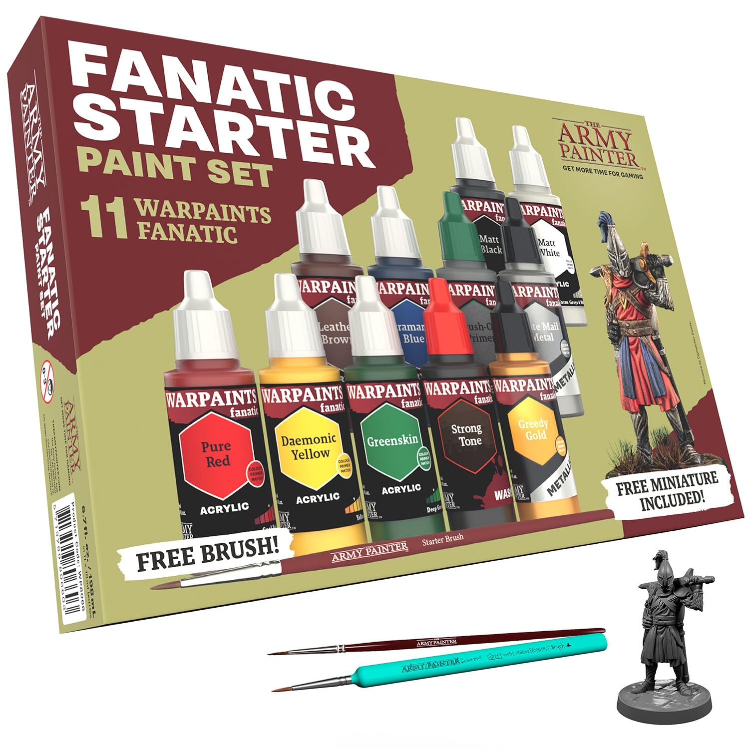 Warpaints Fanatic: Starter Set Combo, 11 Paints: 7 Acrylic Colours, 2 Metallics, 1 Wash, 2 Brushes & 1 Free Miniature Figure, For Models And Miniature Painting