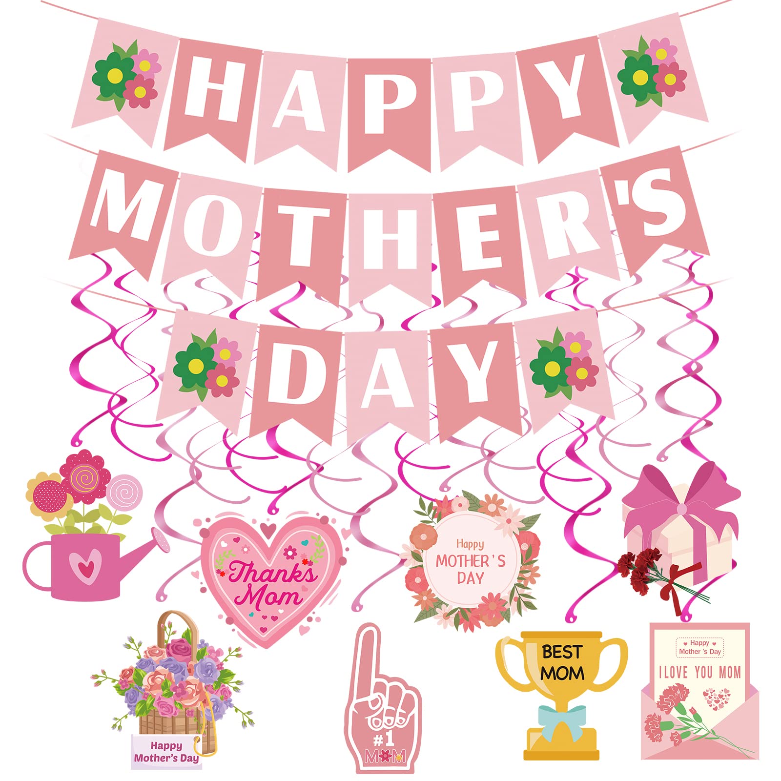 Happy Mothers Day Banner and Mother's Day Hanging Swirls Decorations Happy Mothers Day Sign Banner Decorations for Happy Mother's Day Party Photo Props Backdrops