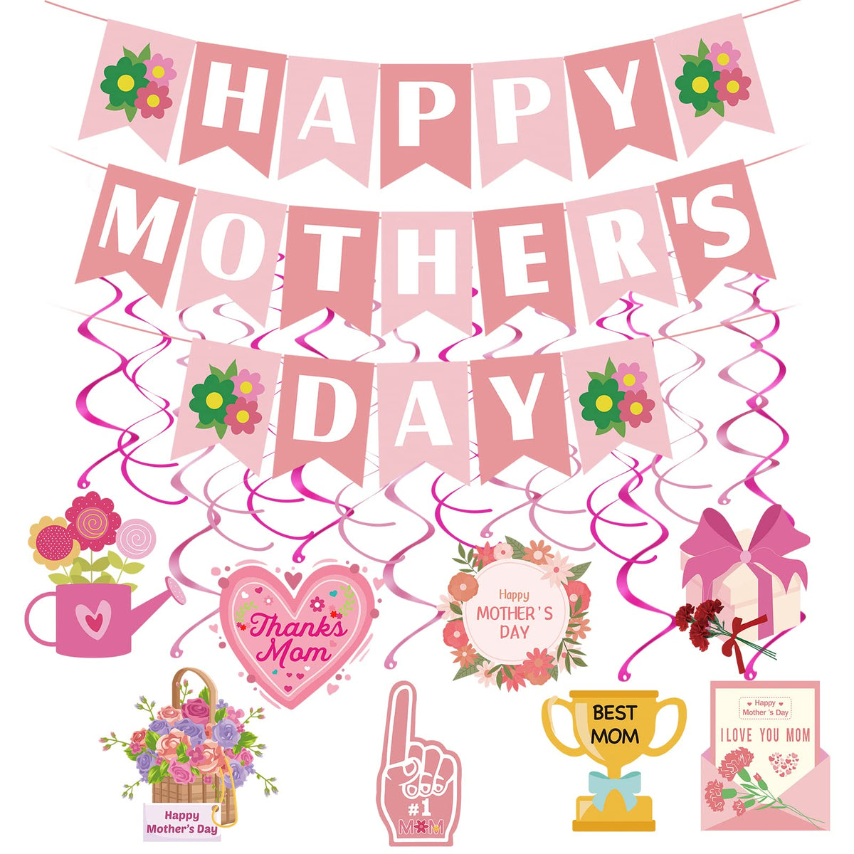 Happy Mothers Day Banner and Mother's Day Hanging Swirls Decorations Happy Mothers Day Sign Banner Decorations for Happy Mother's Day Party Photo Props Backdrops