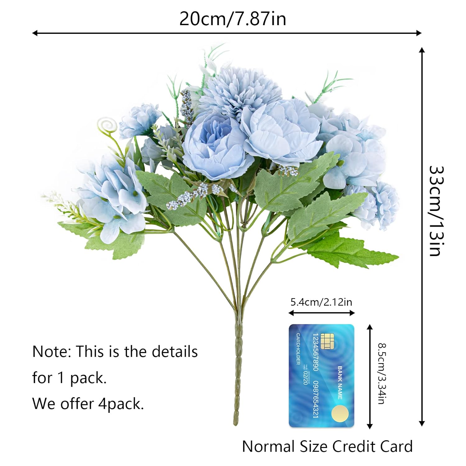 Artificial Flowers, 4 Packs Blue Fake Peony Silk Hydrangea Bouquet Decor Plastic Carnations Daisy Realistic Flower Home Office Party Decor Arrangements Wedding Decoration Table Centerpieces